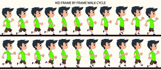 Cartoon Kid Character side walk cycle frame by frame loopable vector file ready for 2D animation, easy to edit source file for motion graphics, infographics, animated video, explanatory, E-learning