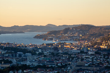 View of the city Bergen in Norway. Sunset in Bergen Vestland.