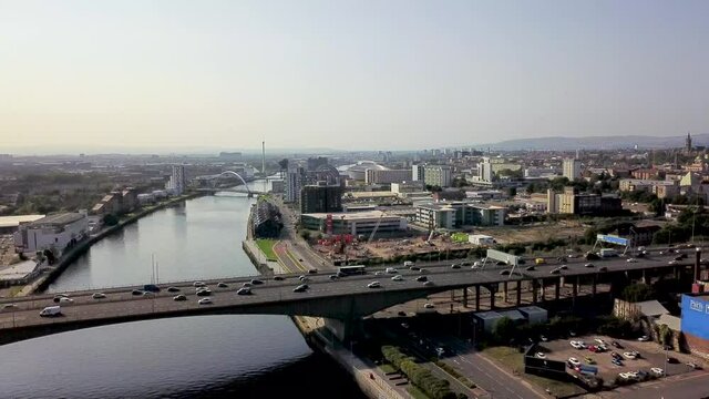 Hover over Glasgow Clyde river and M8 motorway