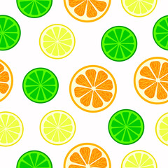 Seamless citrus pattern of orange,lemon and lime slices on a white background.Vector fruit pattern can be used in textiles,juice packs,notebook covers,postcards, wallpaper.