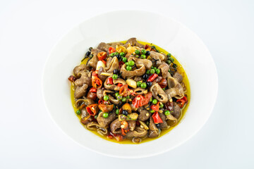 Fried large intestine with mountain pepper on a dish on white background