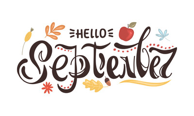Hello september lettering with floral and floral design elements. Vector illustration in hand drawn style isolated on white background - obrazy, fototapety, plakaty