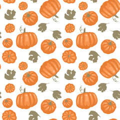 Seamless pattern with pumpkins and leaves on a white background. Vector endless texture with vegetable in hand drawn style