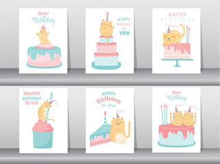 Set of birthday cards,poster,invitation card,template,greeting cards,animals,cat,cute,Vector illustrations.