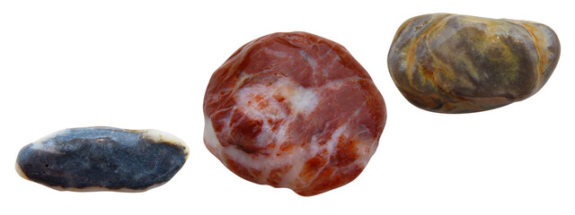 Set of different wet sea stones isolated on white background. Macro closeup.