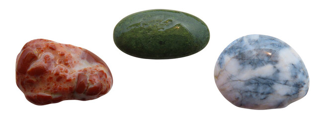 Set of different wet sea stones isolated on white background. Macro closeup.