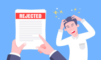 Sad man and an envelope with rejected application form flat style design vector illustration. Bad job interview, employment offer reject, college acceptance failed or business email form concept.