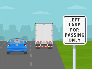 Left lane for passing only road sign. Back view of sedan cars and truck on a city highway. Flat vector illustration template.