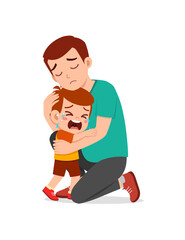 young father hug crying little boy and try to comfort