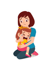 young mother hug crying little girl and try to comfort