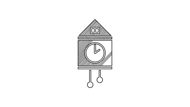 Black line Retro wall watch icon isolated on white background. Cuckoo clock sign. Antique pendulum clock. 4K Video motion graphic animation