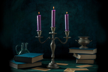 Candle magic. The study of a magician with a candleholder, occult books, divination cards, and...