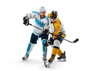 Fototapeta na wymiar Hockey concept. Two professional hockey players riding on ice. Fight for the puck. Isolated on a white. Sports emotions