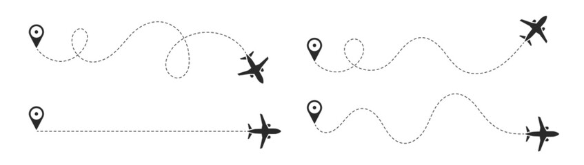The flight path of the aircraft from the point of location along the dotted line. Flight route from a waypoint with an airplane silhouette. Vector elements.