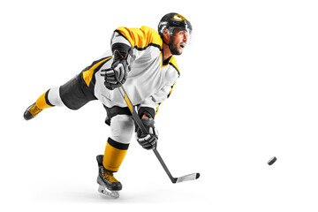 Hockey power shot. Hockey player in the helmet and gloves on white background. Sport concept....