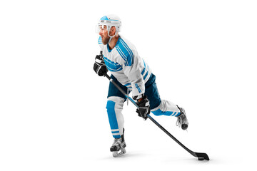 Professional hockey player in the helmet and gloves on white background. Side view. Sport concept. Athlete in action