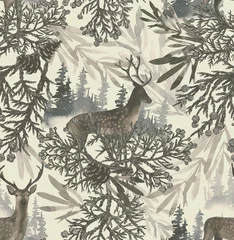 Fotobehang Bosdieren Naadloos patroon met herten die zich in het bos tegen de achtergrond van berken en sparren bevinden. Herfst achtergrond geschilderd met waterverf