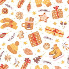 Vector seamless pattern for New Year and Christmas. Cozy hand-drawn illustration with gifts, branches, gingerbread and other seasonal decorative elements on a white background.