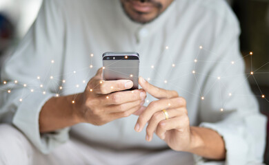 Person sitting and using smartphone with social network, Connection,communication, partners and internet 5G design concept