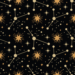 Vector stars with zodiac signs seamless pattern background on black surface