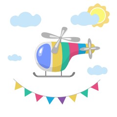 Helicopter for children. Vector illustration for printing, backgrounds, wallpapers, covers, packaging, greeting cards, posters, stickers, textile and seasonal design. Isolated on white background.