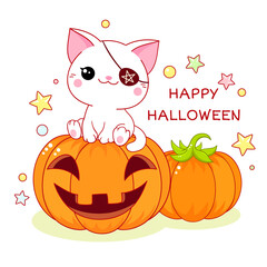 Happy Halloween. Greeting Halloween card with kawaii cat and pumpkin