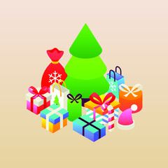Merry Christmas Beige Greeting Card. Vector Illustration of Winter Holiday Isometry.