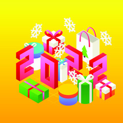 New Year 2022 Presents Concept. Vector Illustration of Winter Holiday Isometry Greeting Card.