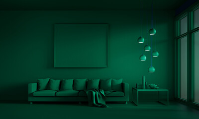 Green lounge room with sofa - obrazy, fototapety, plakaty