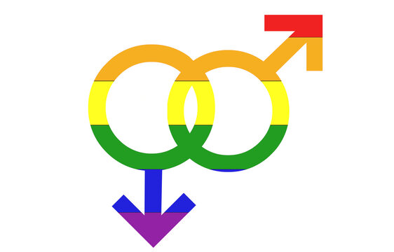 image representing two male symbols (same-sex relationships) with Lgbt flag background