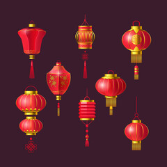 Fototapeta na wymiar Red Chinese lanterns set. Traditional Asian new year red lamps festival decorated with Japanese sign