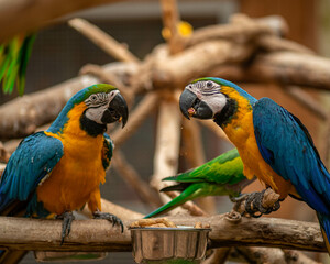 Cute pretty colorful parrots sitting on a branch - tropical birds from jungle