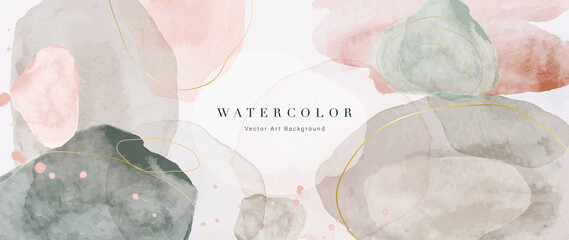 Watercolor art background vector. Wallpaper design with paint brush and gold line art. Earth tone blue, pink, ivory, beige watercolor Illustration for prints, wall art, cover and invitation cards. - obrazy, fototapety, plakaty