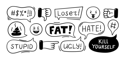 Speech bubble with swear words. Cyber bullying, trolling, conflict and violence situation. Bad reviews, comments, dislike. Vector illustration isolated in doodle style on white background.