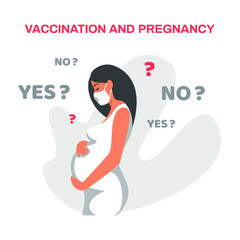 Vaccination and pregnancy. A beautiful young pregnant woman in a medical mask is thinking about vaccination. Yes or no? Vector illustration, flat minimal monochrome design isolated on white background