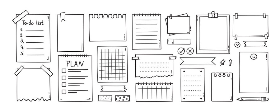 Hand drawn memo paper sheets, sticky note, reminder, to do list, sticky tape and pins. Bullet journal elements in doodle style. Vector illustration in white background.