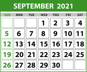 2021 September Calendar Layout template isolated in white background, Week starts Sunday. Pocket calendar year layout. Year organizer. Stationery template in minimal design. vector illustration