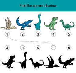 Find the correct shadow puzzle with dinos and reptiles. Illustration can be used as logic game for children.