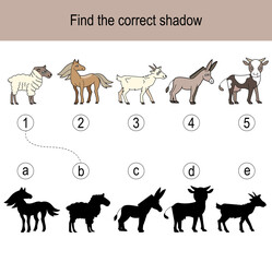 Find the correct shadow puzzle with different farm animals. Illustration can be used as logic game for children.
