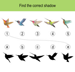 Find the correct shadow puzzle with different birds. Illustration can be used as logic game for children.
