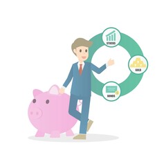 Diversification Investment strategy,portfolio capital allocation, secure savings, asset growth,stocks,gold,bonds,financial Success and Risk balance,Vector illustration.