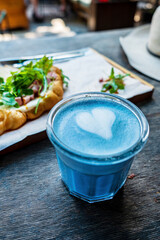 Fresh blue matcha with frothy foam
