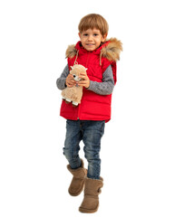 Children's fashion. Photo of little boy with alpaca toys and red waistcoat kids with hood, waistcoat, boots, CHESTNUT color, Fluff, Mini, Quilted, Sheepskin for shop