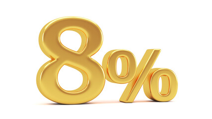 8% discount on sale. Gold eight percent isolated on white background. 3d render illustration for business ideas.