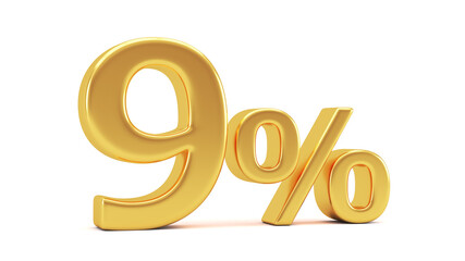 9% discount on sale. Gold nine percent isolated on white background. 3d render illustration for business ideas.