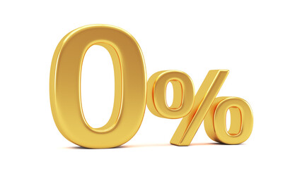 0% off on sale. Gold percent isolated on white background. 3d render illustration for business ideas.