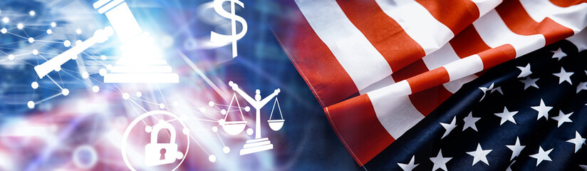 Flapping flag USA with wave. American flag for Memorial Day or 4th of July. Closeup of American flag dark background