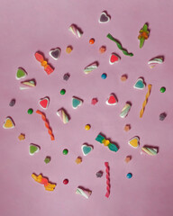 Candy of various colors and shapes. Chewy candy is loved by children to adults. This candy has a soft texture and has a sweet and sour taste. Candy mockup. Focus blur.
