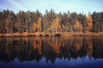 scenic, autumn landscape trees and forest river and lake, nature view fall background
