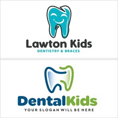 Dental kids medical with tooth smile line art logo design